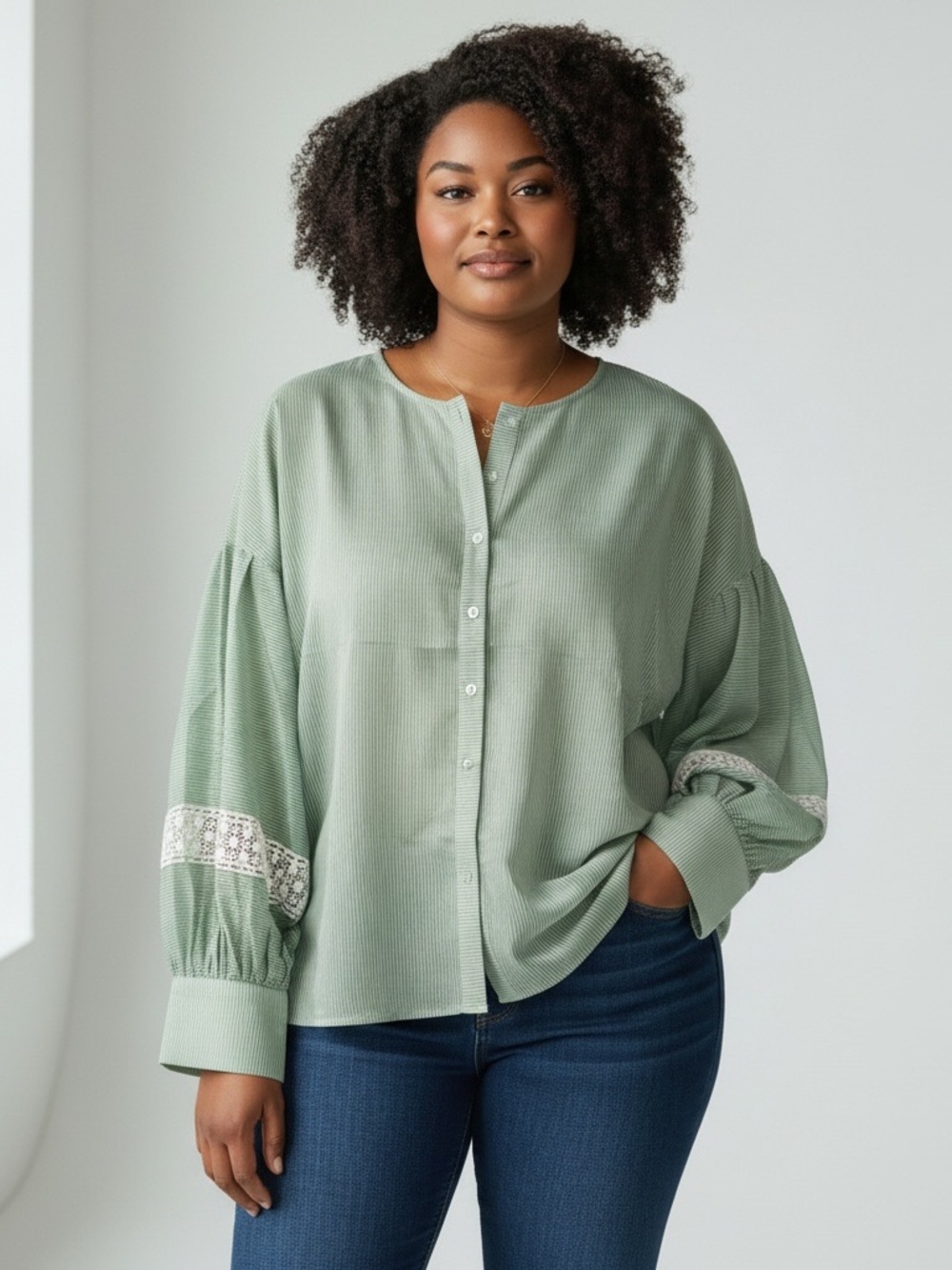 Sage Button-Front Women's Blouse with Lace Trim